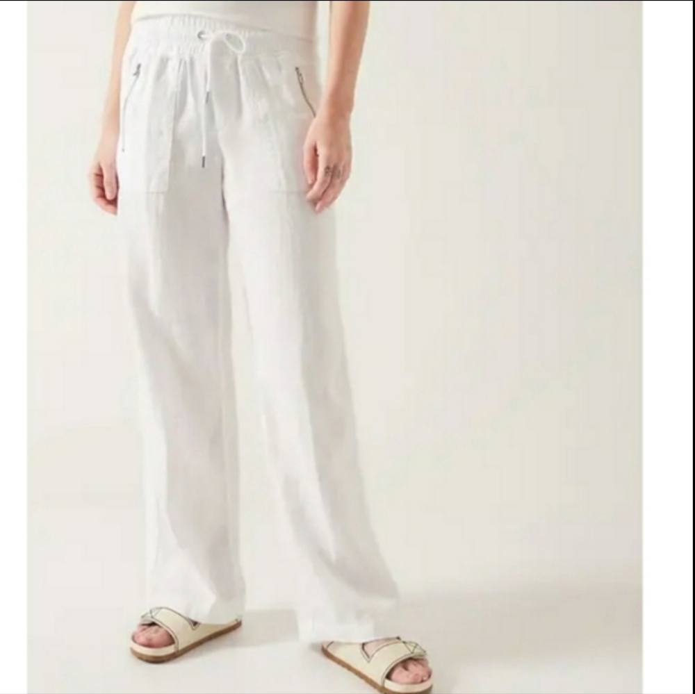 Athleta Cabo 100% Linen Wide Leg Pant White Activewear Elastic Tie Waist Size 8